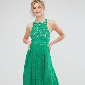 Emerald green lace dress with open back